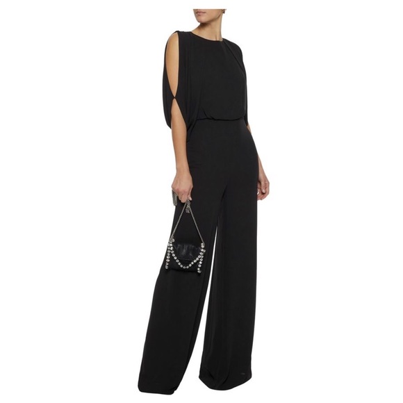 black overlay embellished strappy cold shoulder jumpsuit